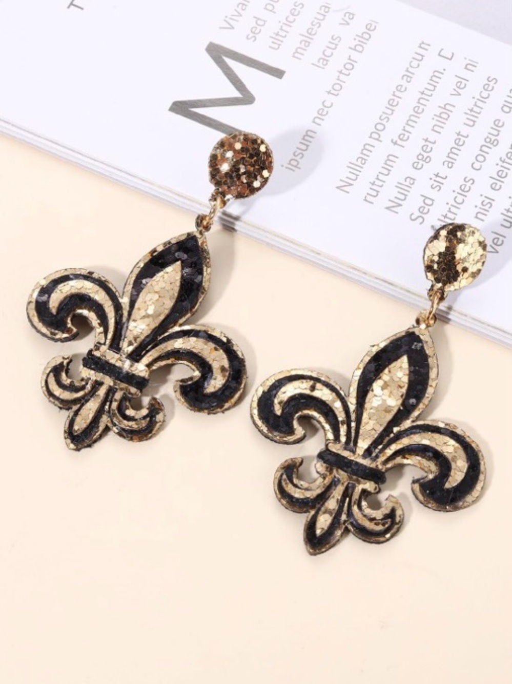 Fleur de Lis Earrings Black Gold Glitter Statement New Orleans Saints Jewelry